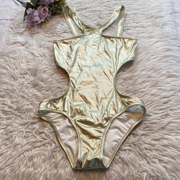 Melissa Odabash Gold Metallic Cut Out One Piece Swimsuit sz 4 - Picture 2 of 10